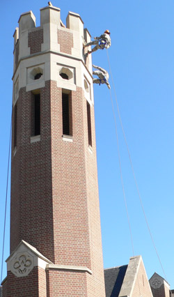 ROTC cadets rappel down the Elmira College bell tower.